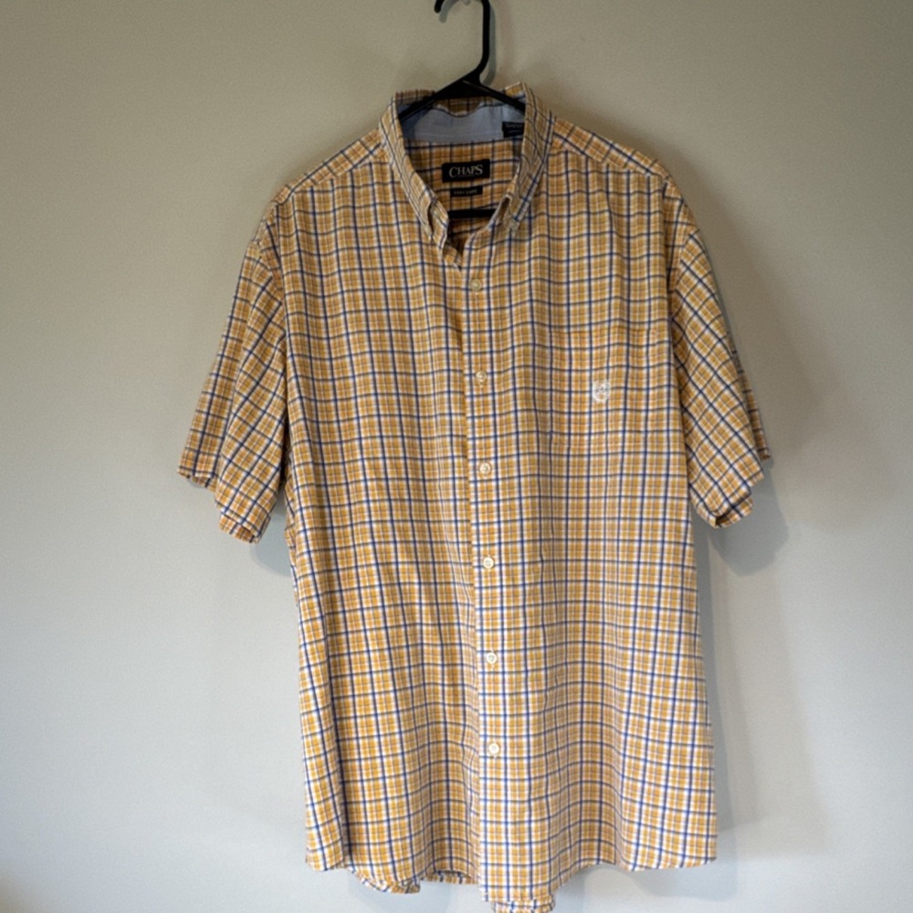 Chaps Easy Care Men's XXL Big & Tall Plaid Shirt Yellow Blue White Short Sleeve